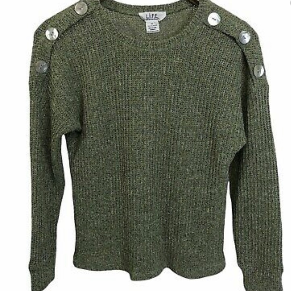 L.I.F.E Love Is For Eternity Sweater Green Heather Pullover Button Shoulders